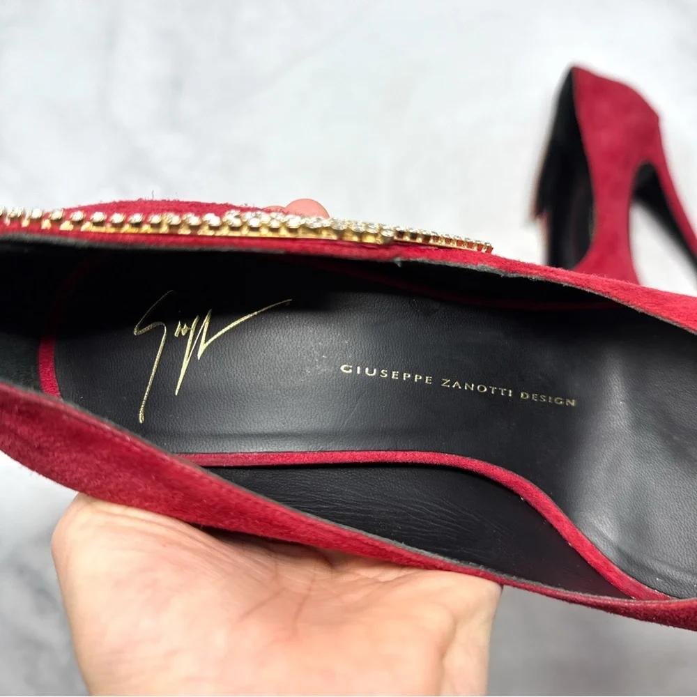 Giuseppe Zanotti Sharon Rhinestone Lightning Bolt Suede Platform Heels Red 38 - Picture 9 of 15